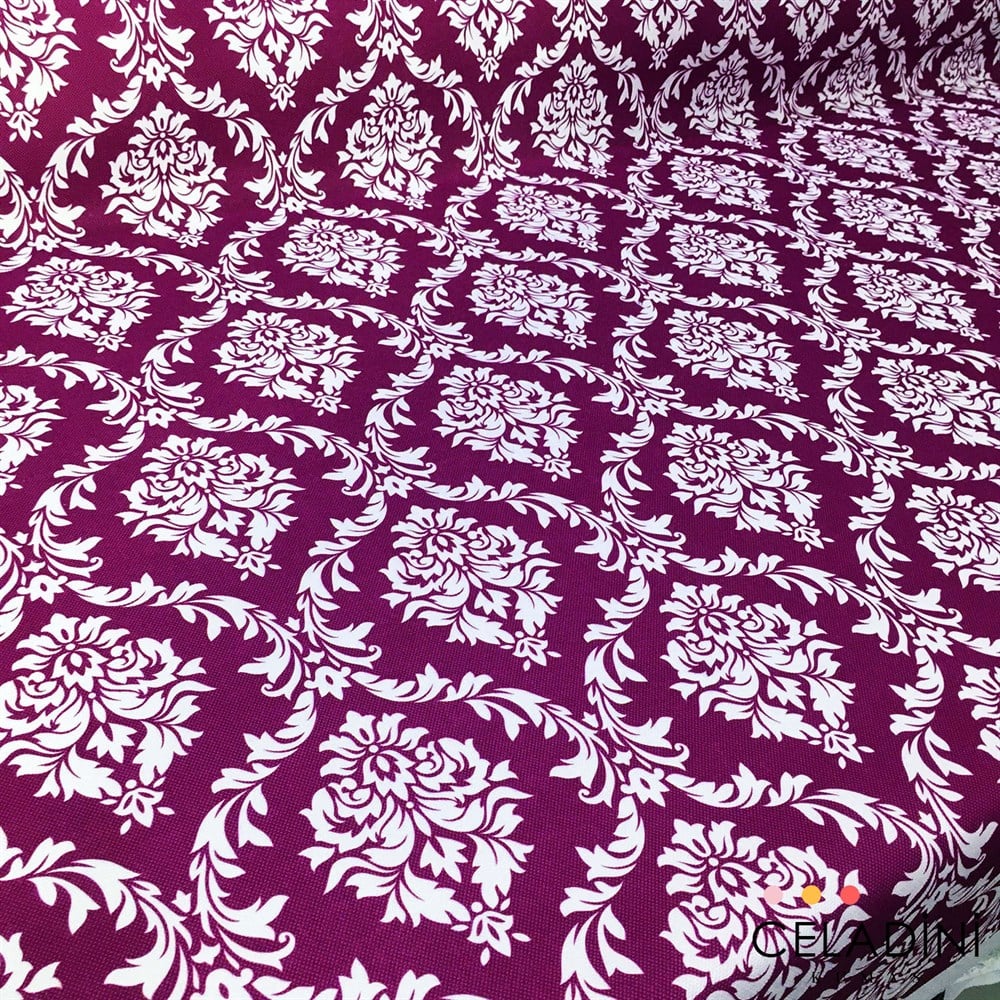 Mor Beyaz Büyük Damask Desenli Kumaş