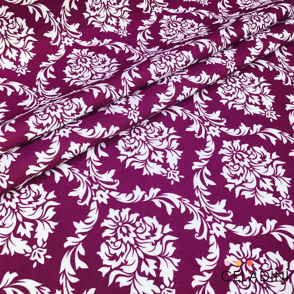 Mor Beyaz Büyük Damask Desenli Kumaş