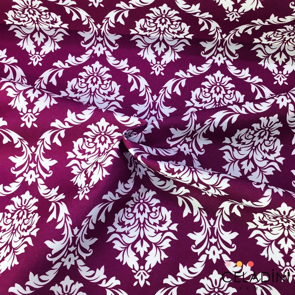 Mor Beyaz Büyük Damask Desenli Kumaş
