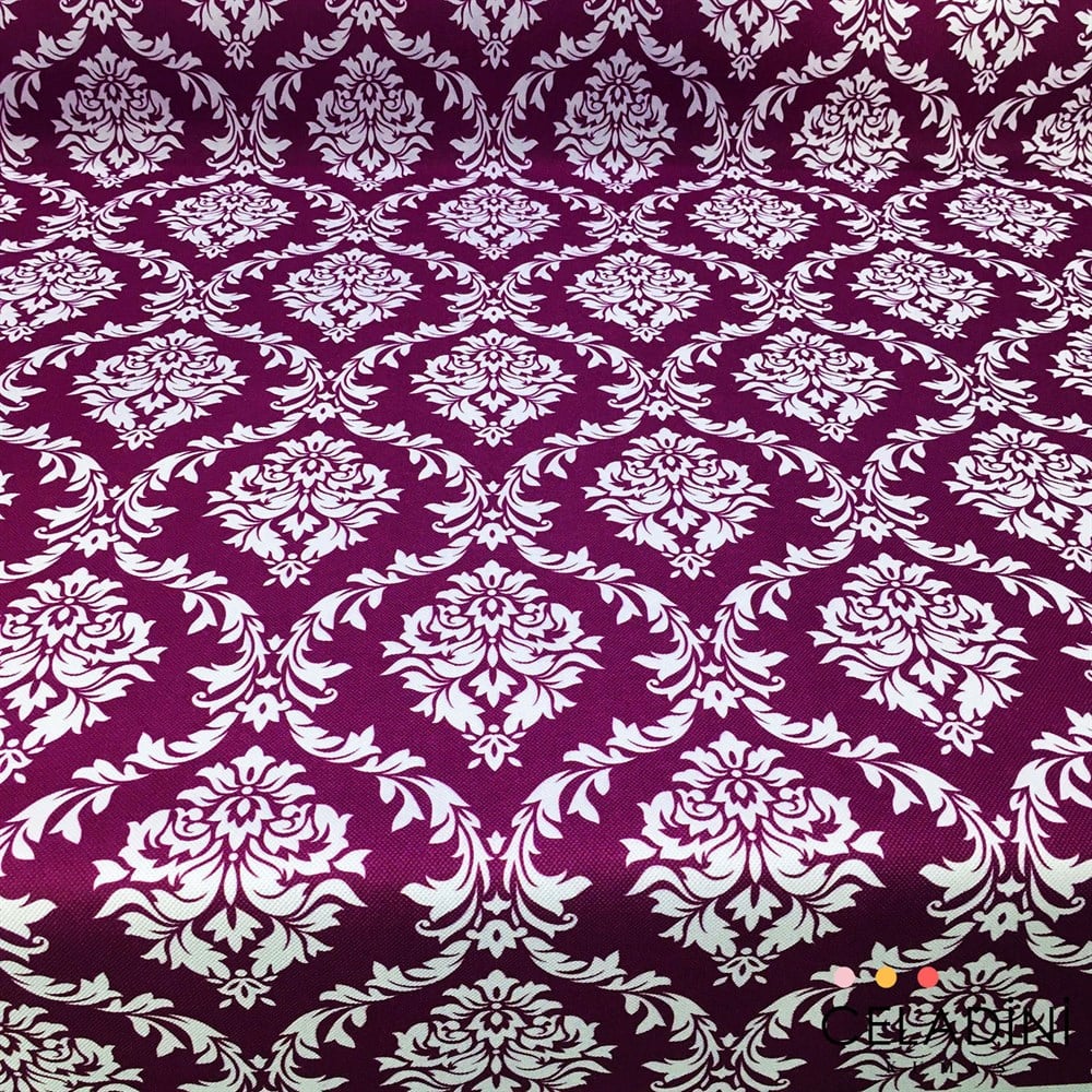 Mor Beyaz Büyük Damask Desenli Kumaş