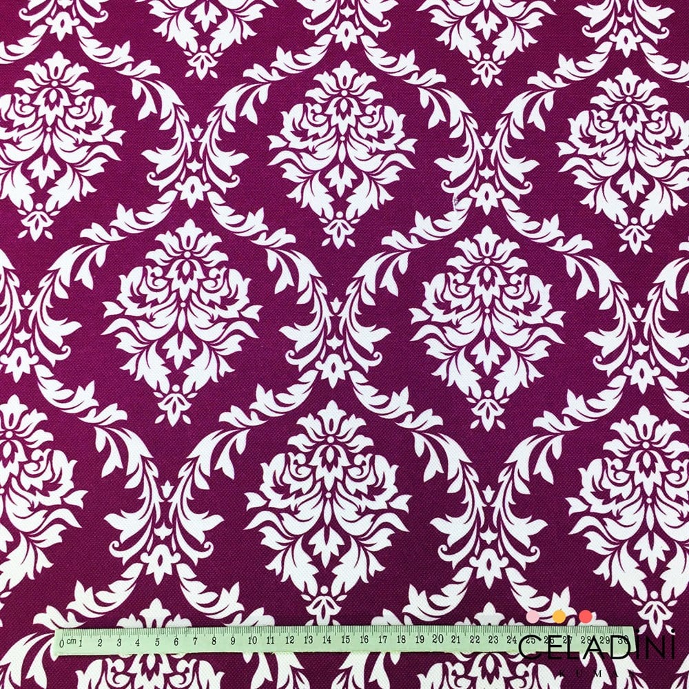 Mor Beyaz Büyük Damask Desenli Kumaş
