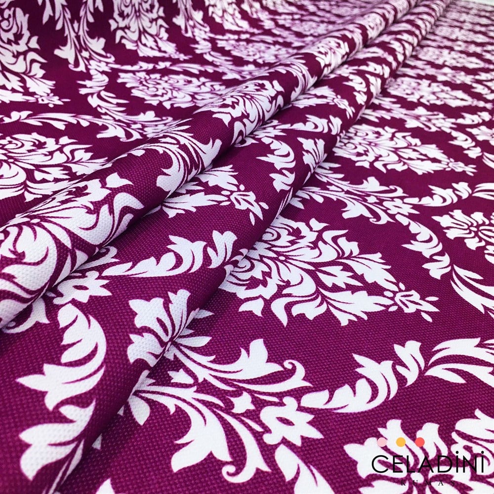 Mor Beyaz Büyük Damask Desenli Kumaş