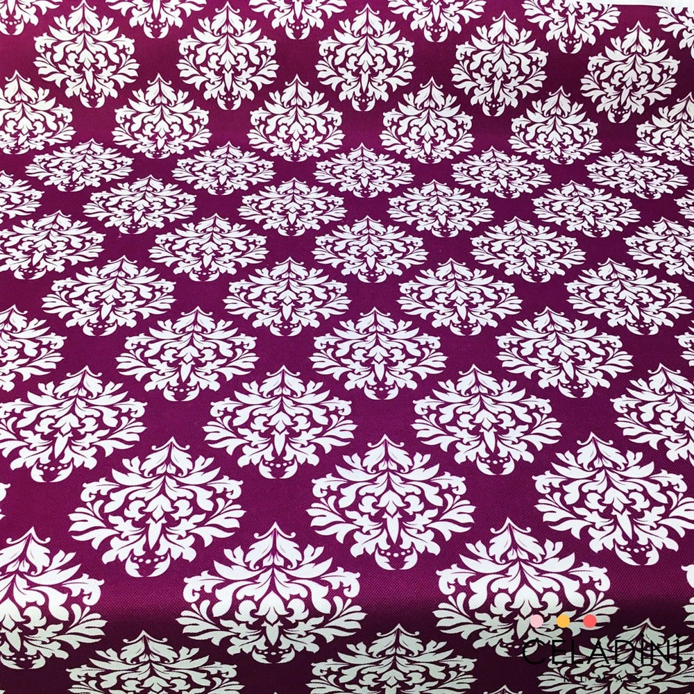 Mor Beyaz Damask Desenli Kumaş
