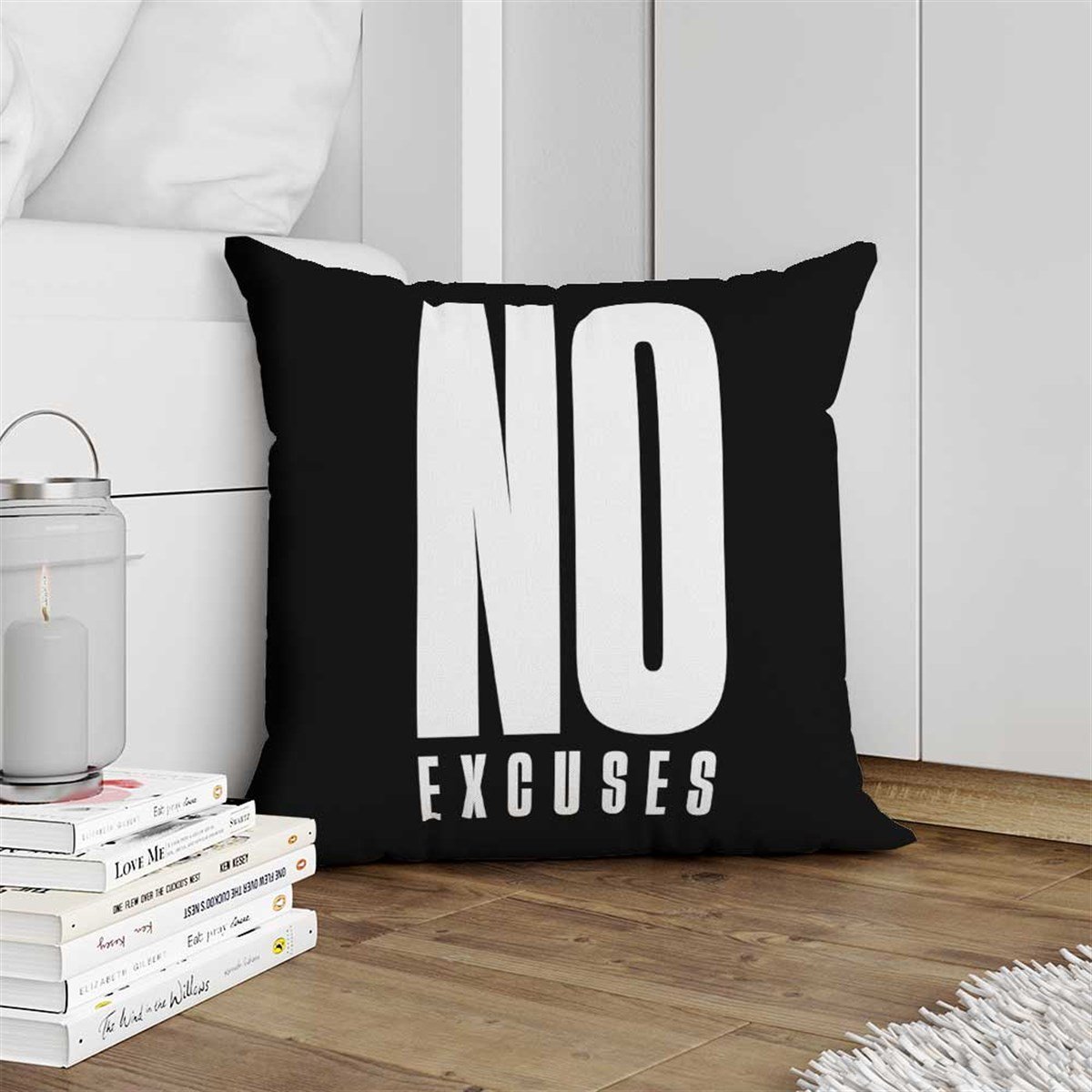 No Excuses Yazılı (Siyah) Kırlent Kumaşı