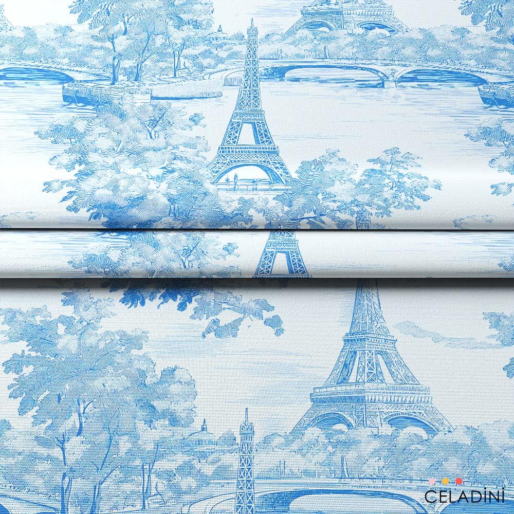 Paris Sevgililer Günü Desenli Kumaş (Mavi)