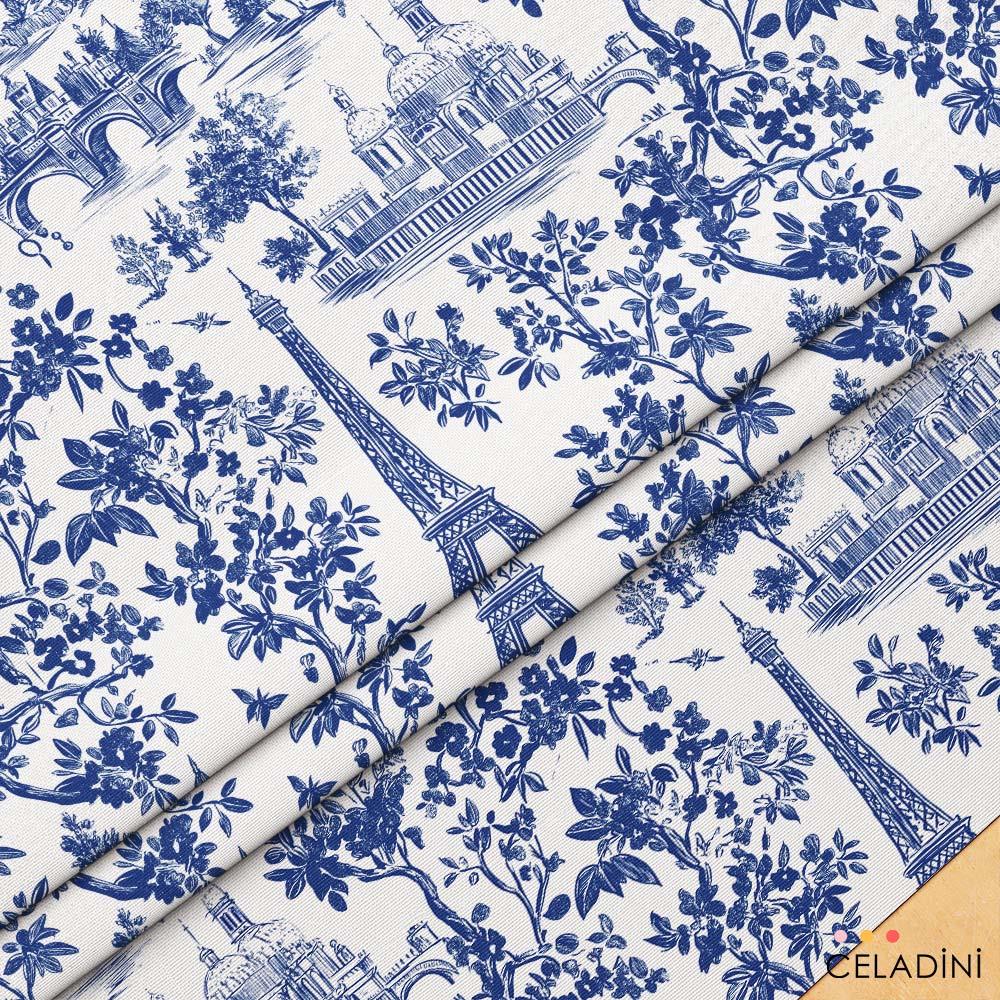 Paris Toile Sevgililer Günü Desenli Kumaş (Mavi)