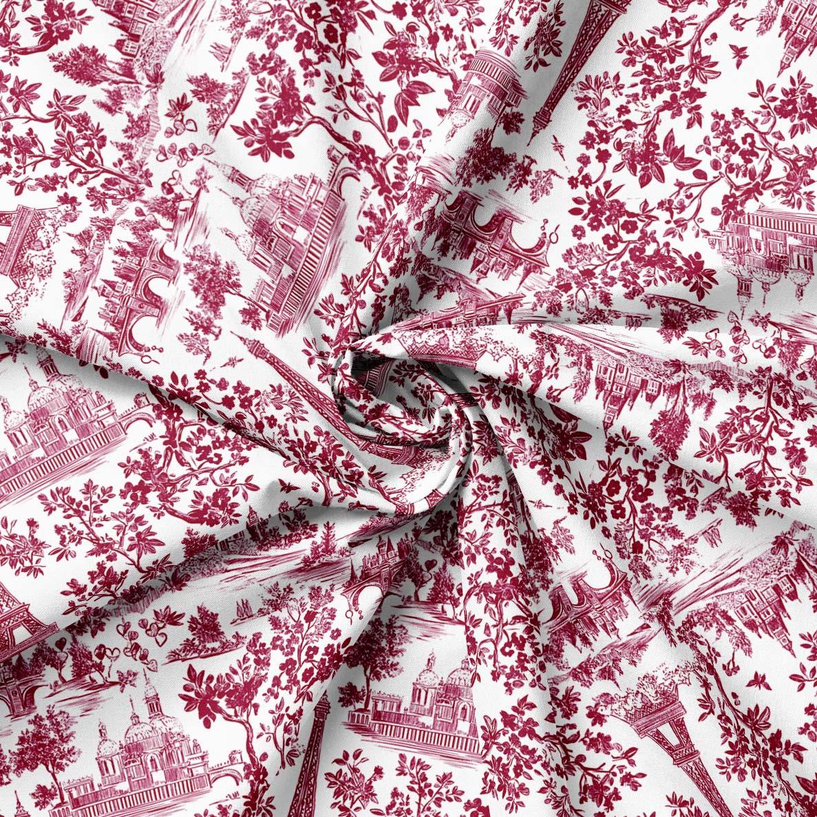 Paris Toile Sevgililer Günü Desenli Kumaş (Bordo)