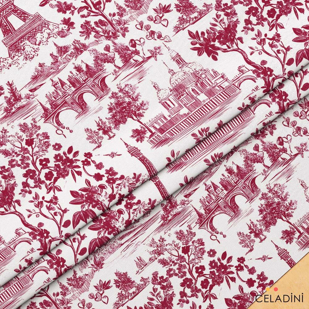 Paris Toile Sevgililer Günü Desenli Kumaş (Bordo)