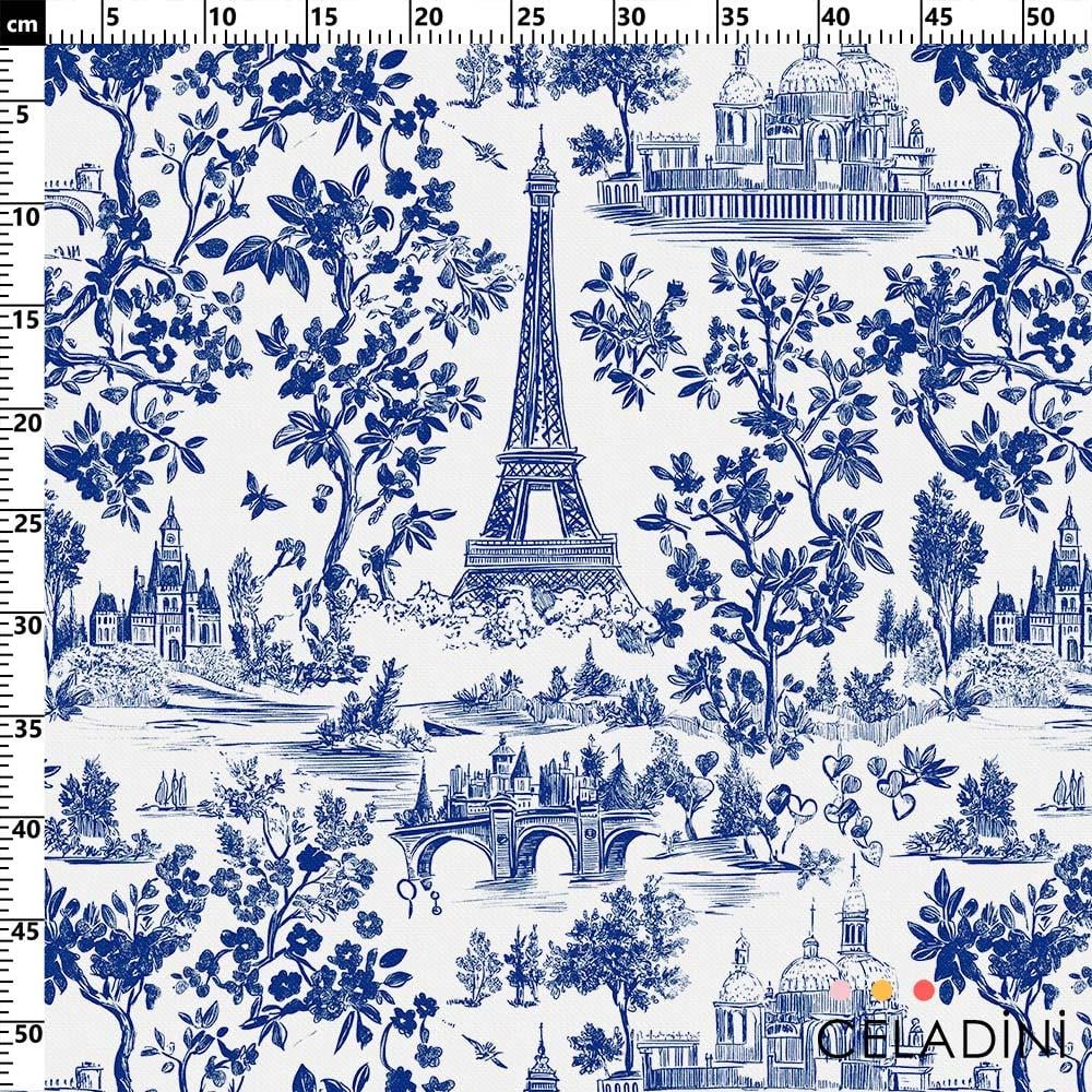 Paris Toile Sevgililer Günü Desenli Kumaş (Mavi)