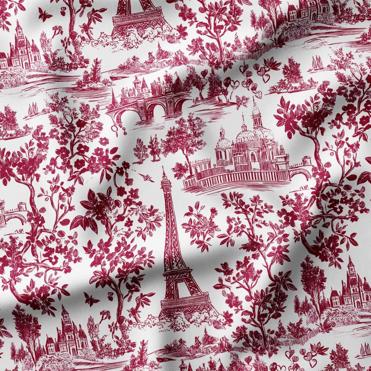 Paris Toile Sevgililer Günü Desenli Kumaş (Bordo)