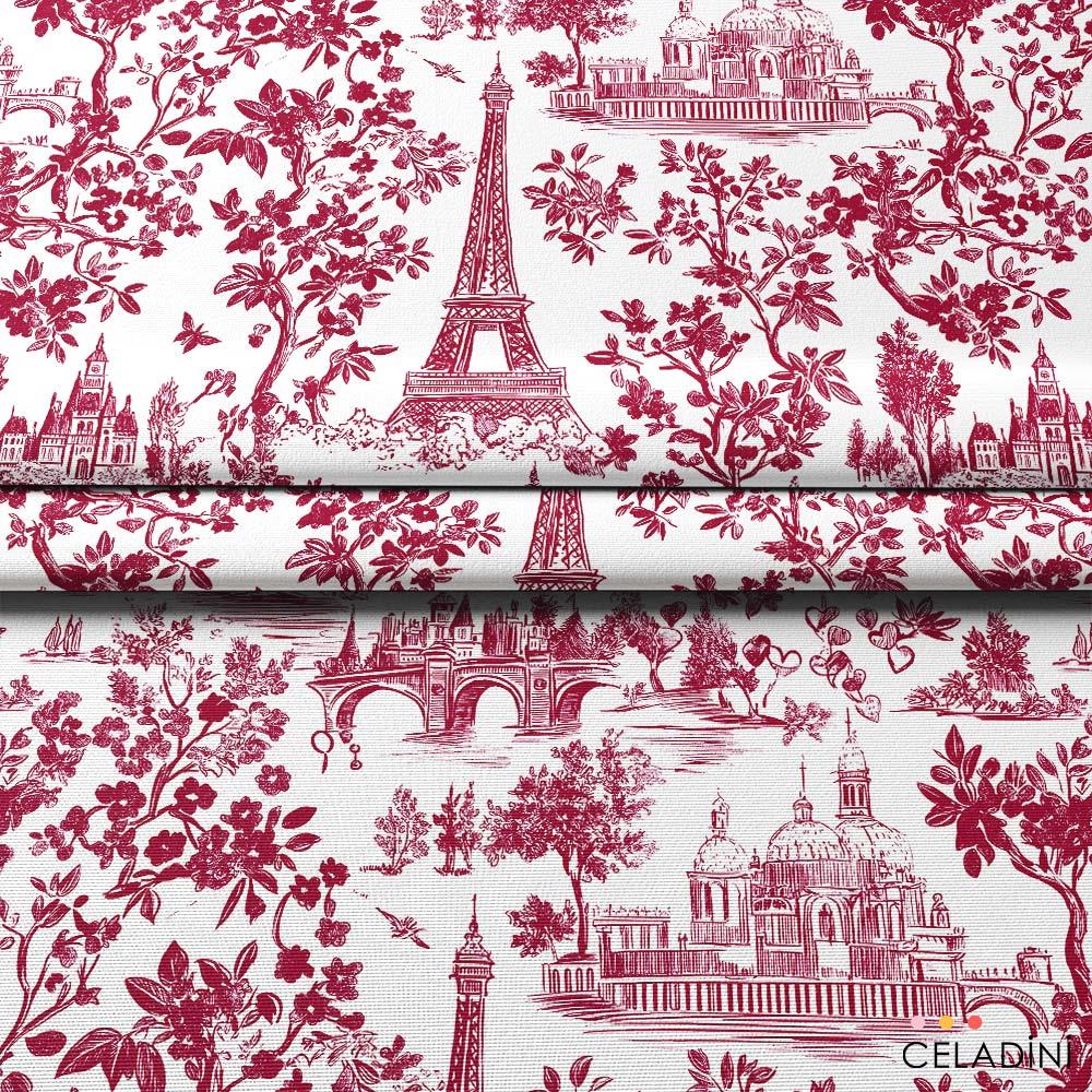 Paris Toile Sevgililer Günü Desenli Kumaş (Bordo)