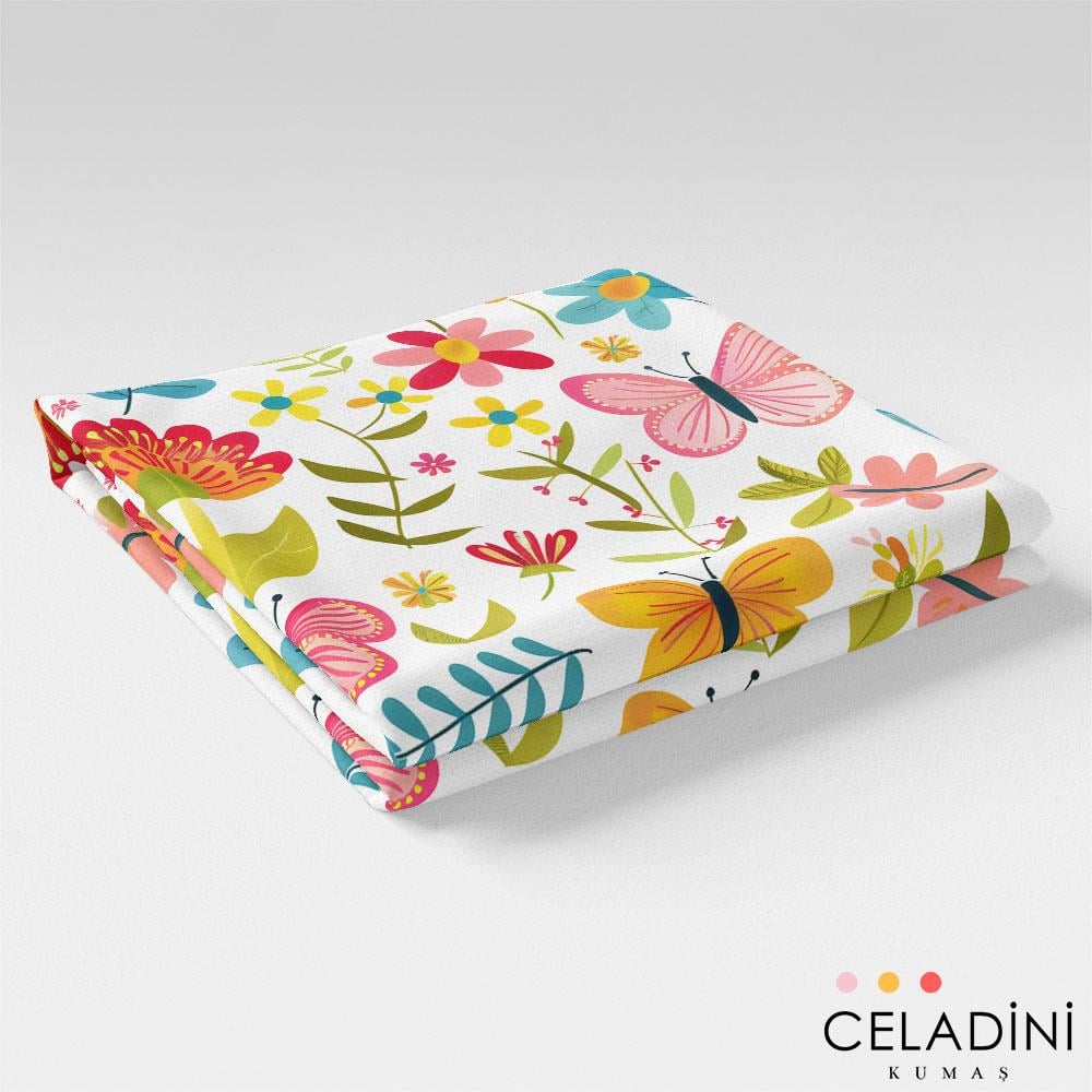 Pastel Sevimli Çiçek ve Kelebekler Desenli Kumaş