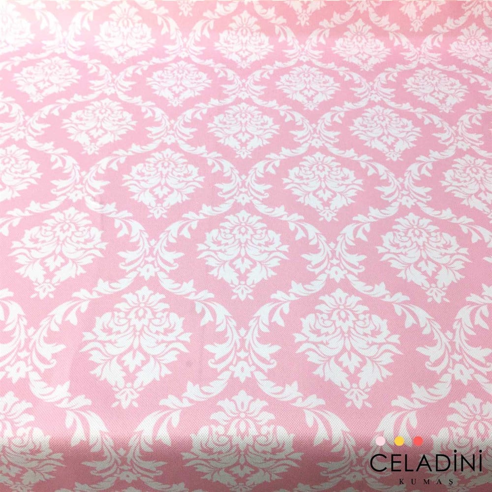 Pembe Beyaz Büyük Damask Desenli Kumaş