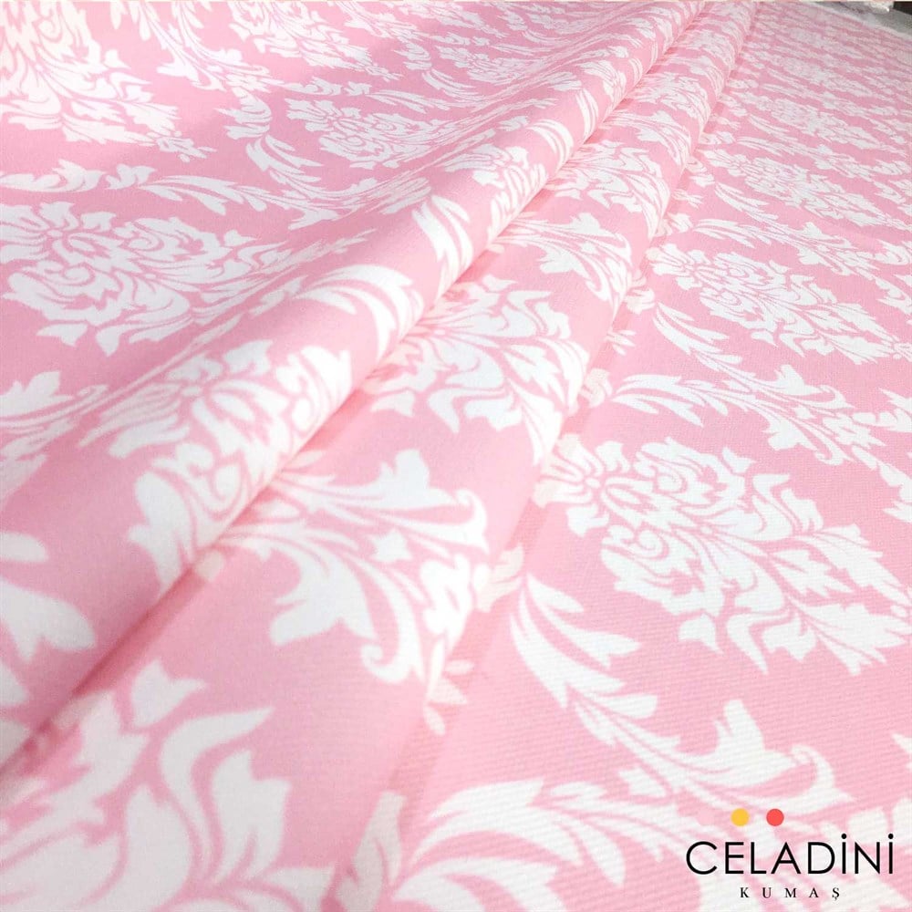 Pembe Beyaz Büyük Damask Desenli Kumaş