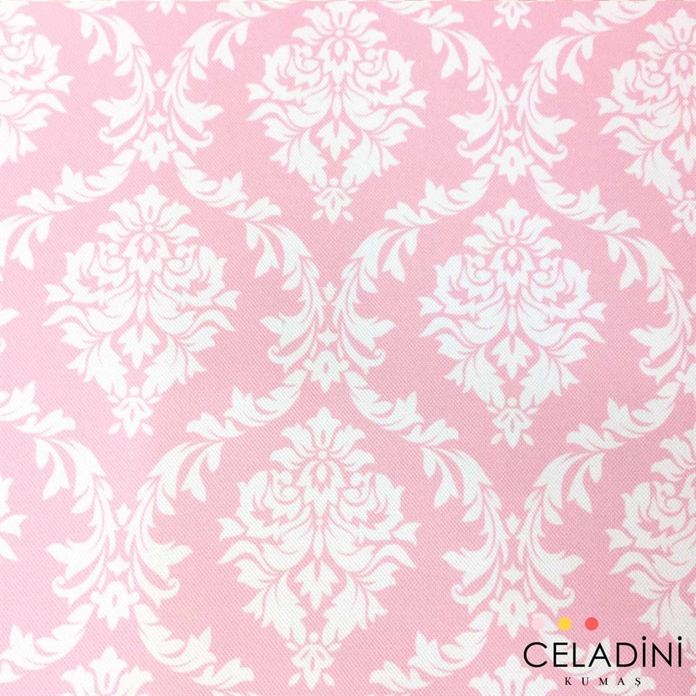Pembe Beyaz Büyük Damask Desenli Kumaş