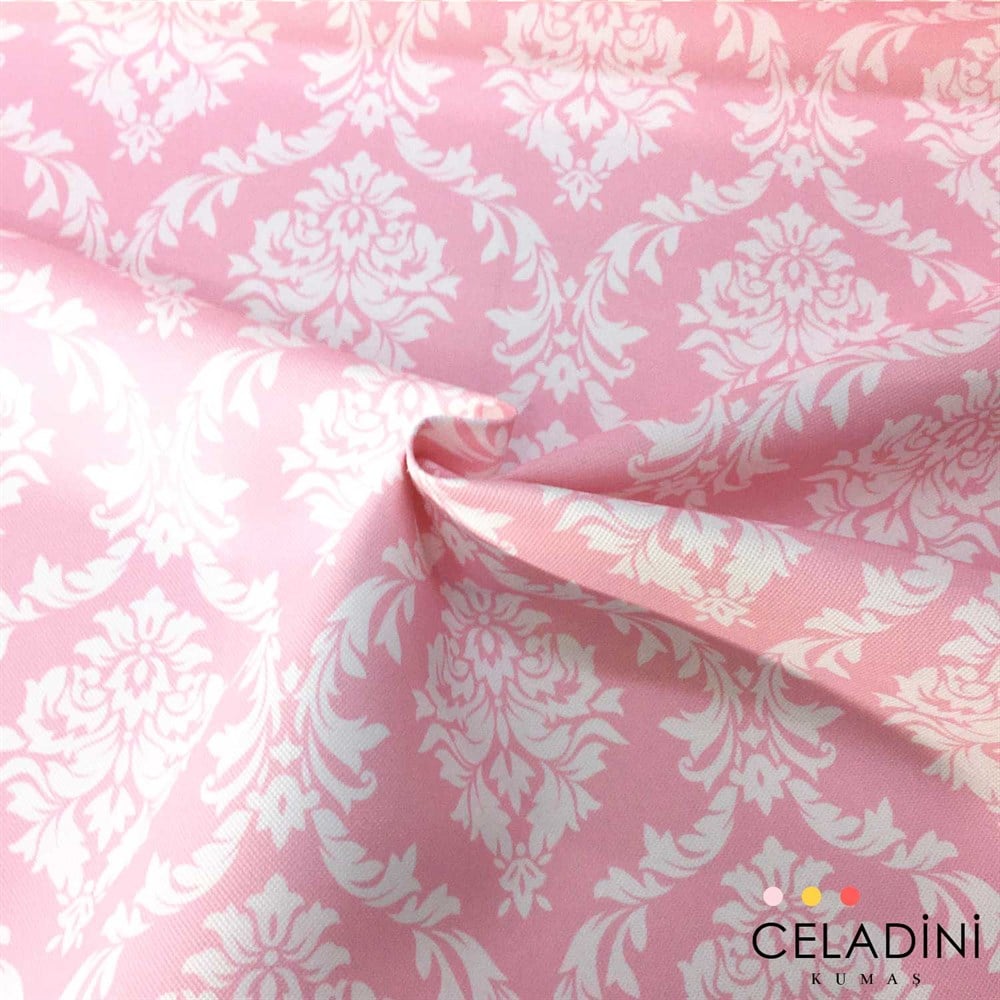 Pembe Beyaz Büyük Damask Desenli Kumaş