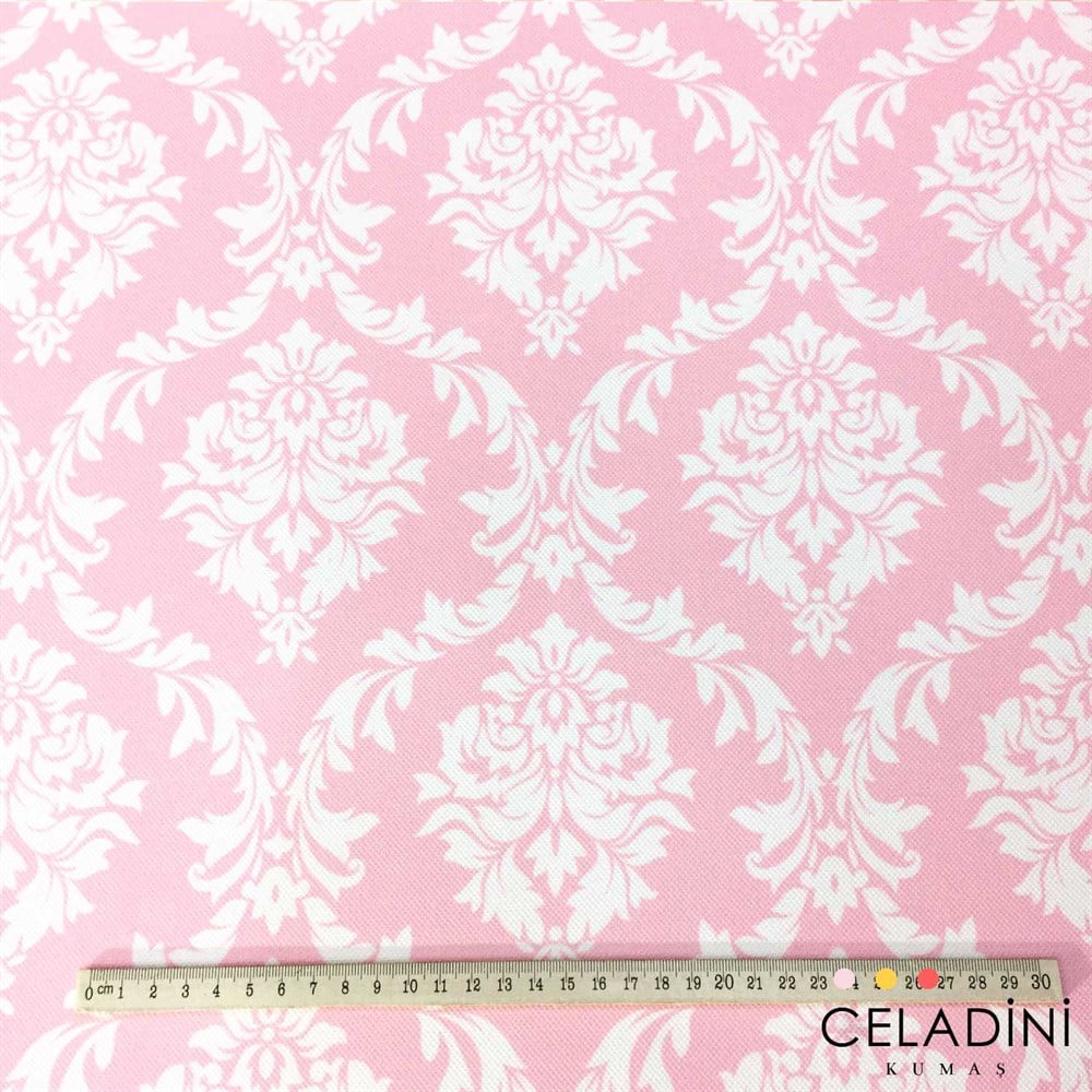 Pembe Beyaz Büyük Damask Desenli Kumaş