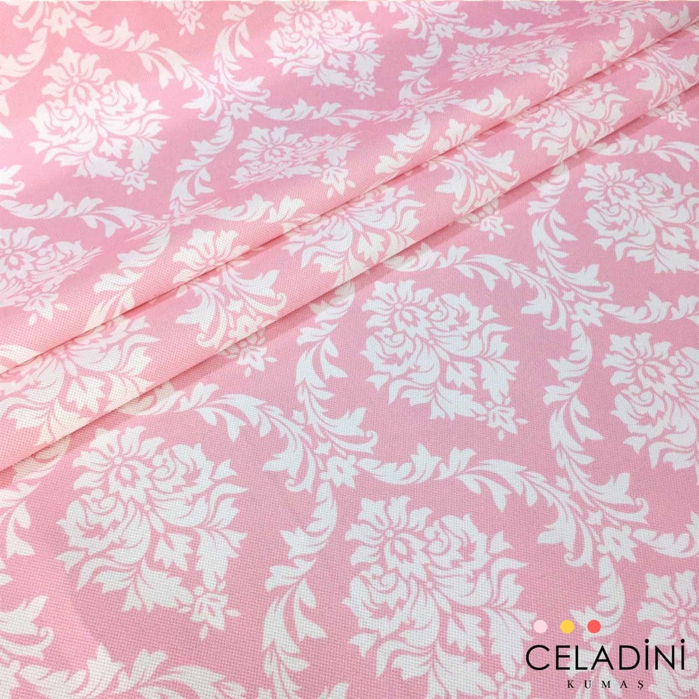 Pembe Beyaz Büyük Damask Desenli Kumaş