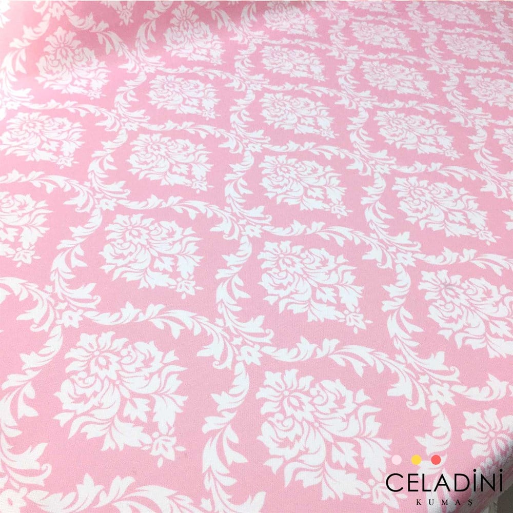 Pembe Beyaz Büyük Damask Desenli Kumaş