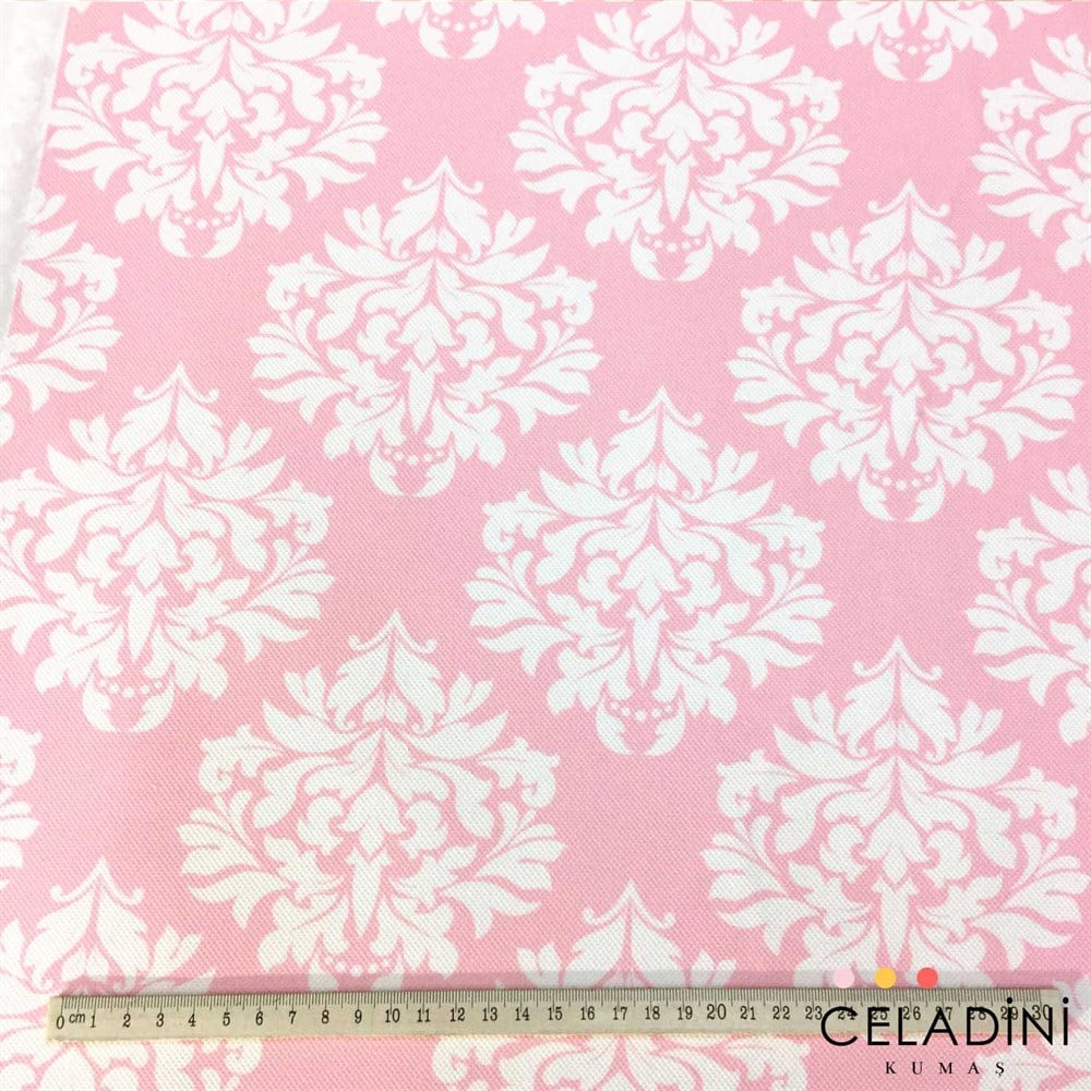 Pembe Beyaz Damask Desenli Kumaş