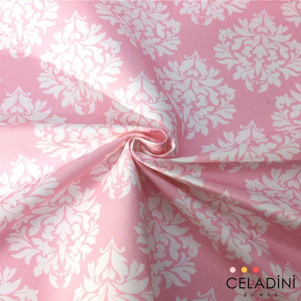 Pembe Beyaz Damask Desenli Kumaş