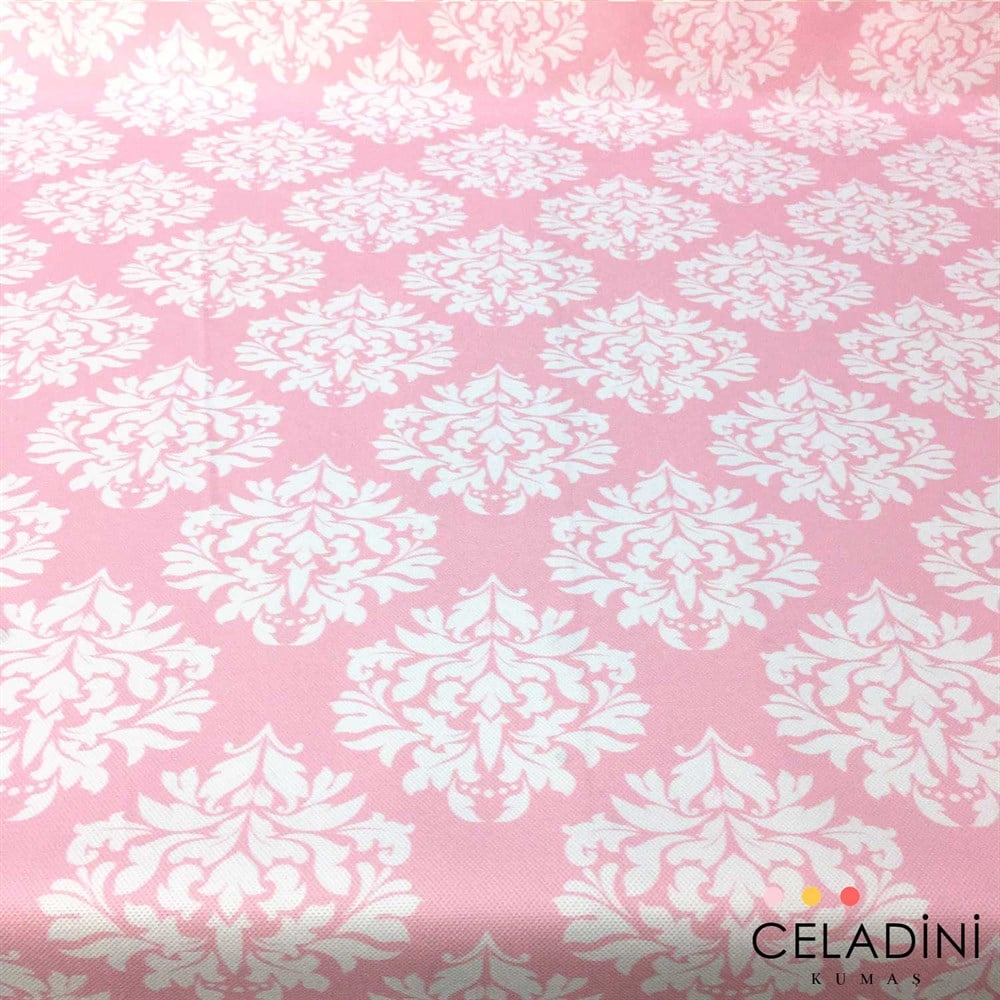 Pembe Beyaz Damask Desenli Kumaş