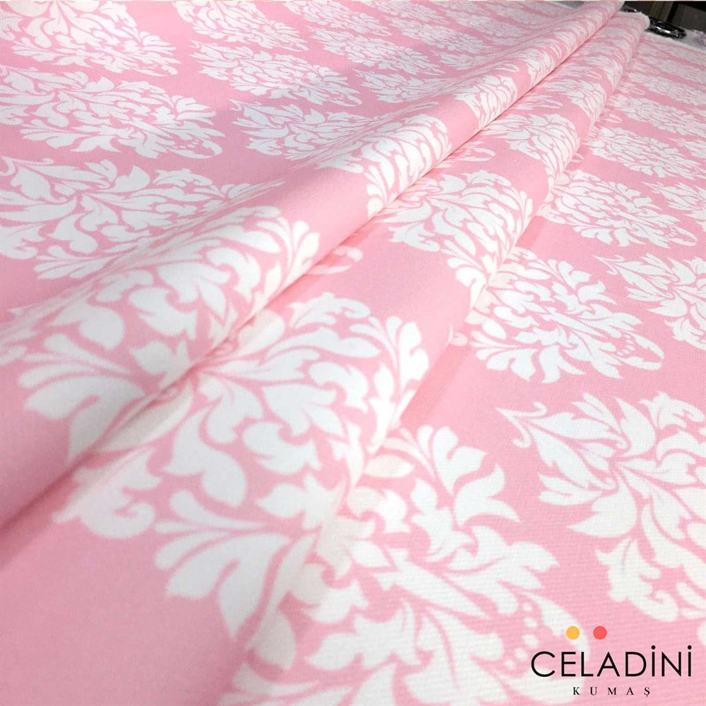 Pembe Beyaz Damask Desenli Kumaş