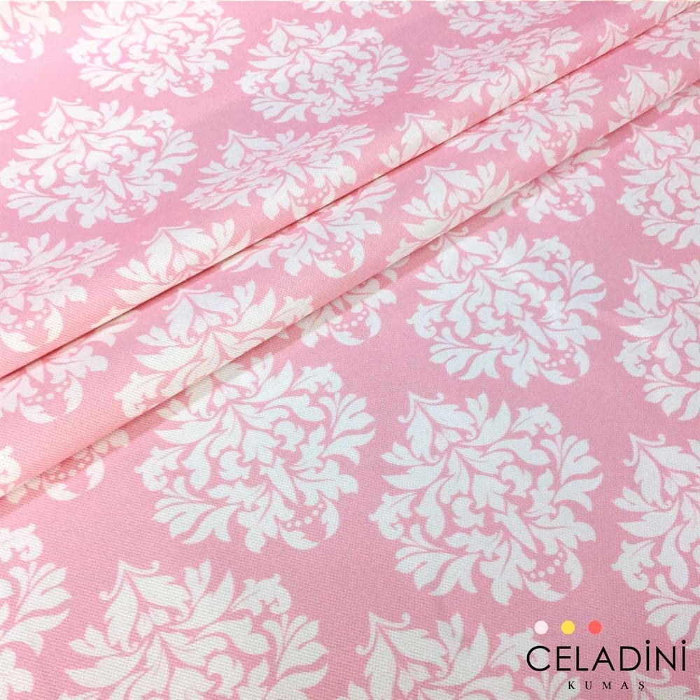 Pembe Beyaz Damask Desenli Kumaş
