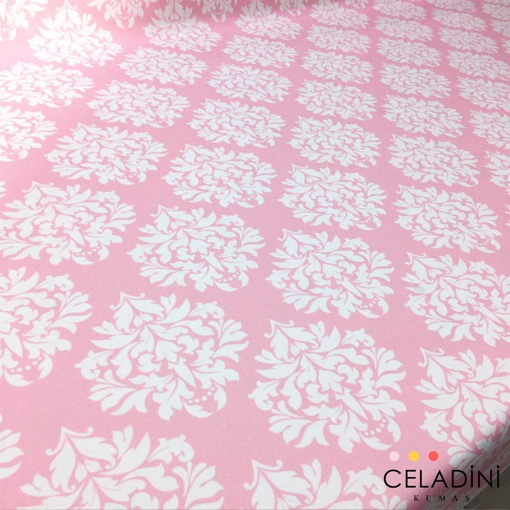 Pembe Beyaz Damask Desenli Kumaş