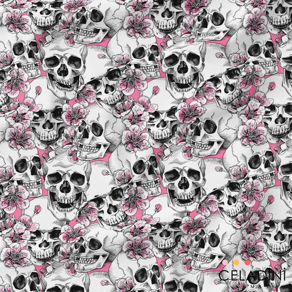 Pembe Çiçekli Kurukafa Pop Art Desenli Kumaş