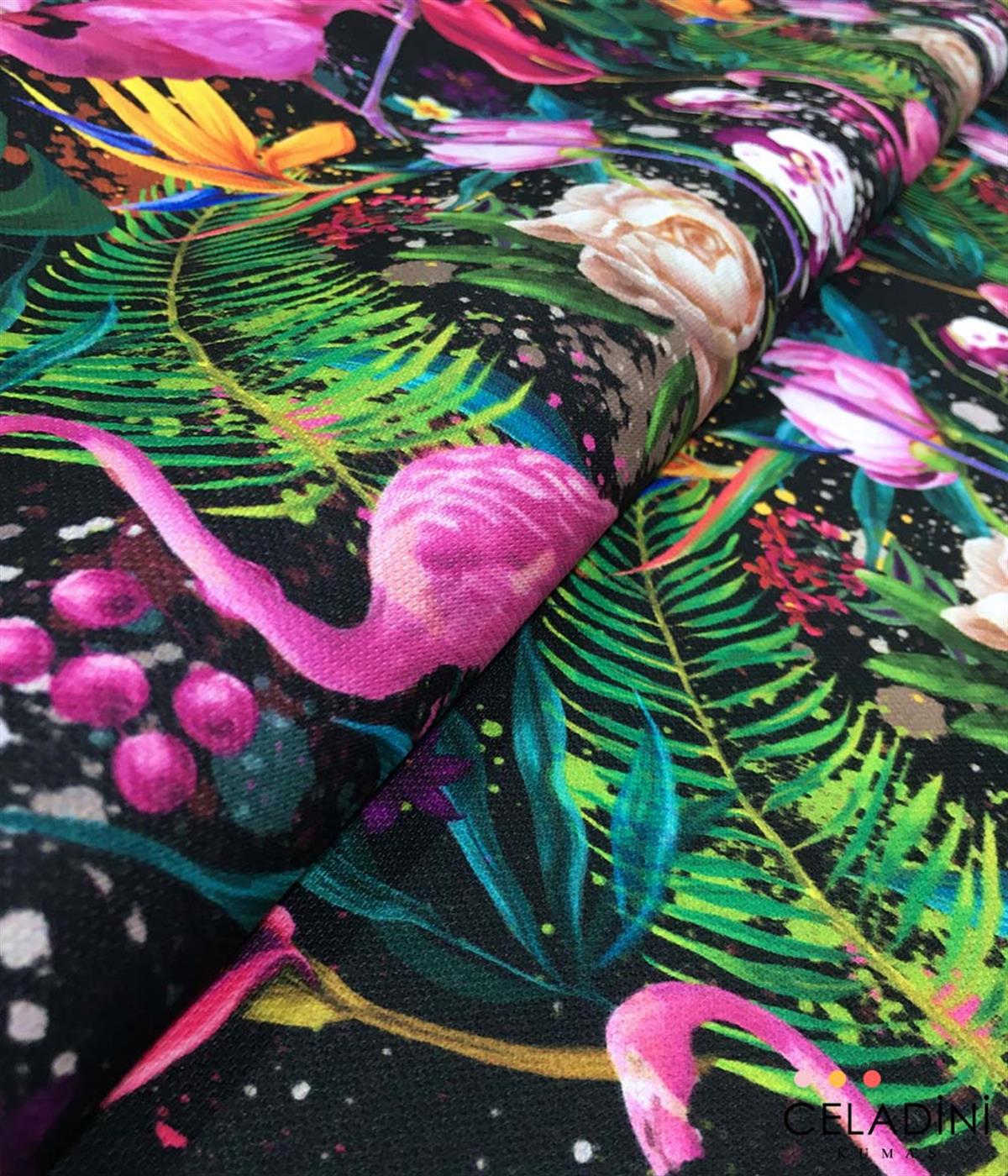 Pembe Flamingo Tropikal Desenli Kumaş
