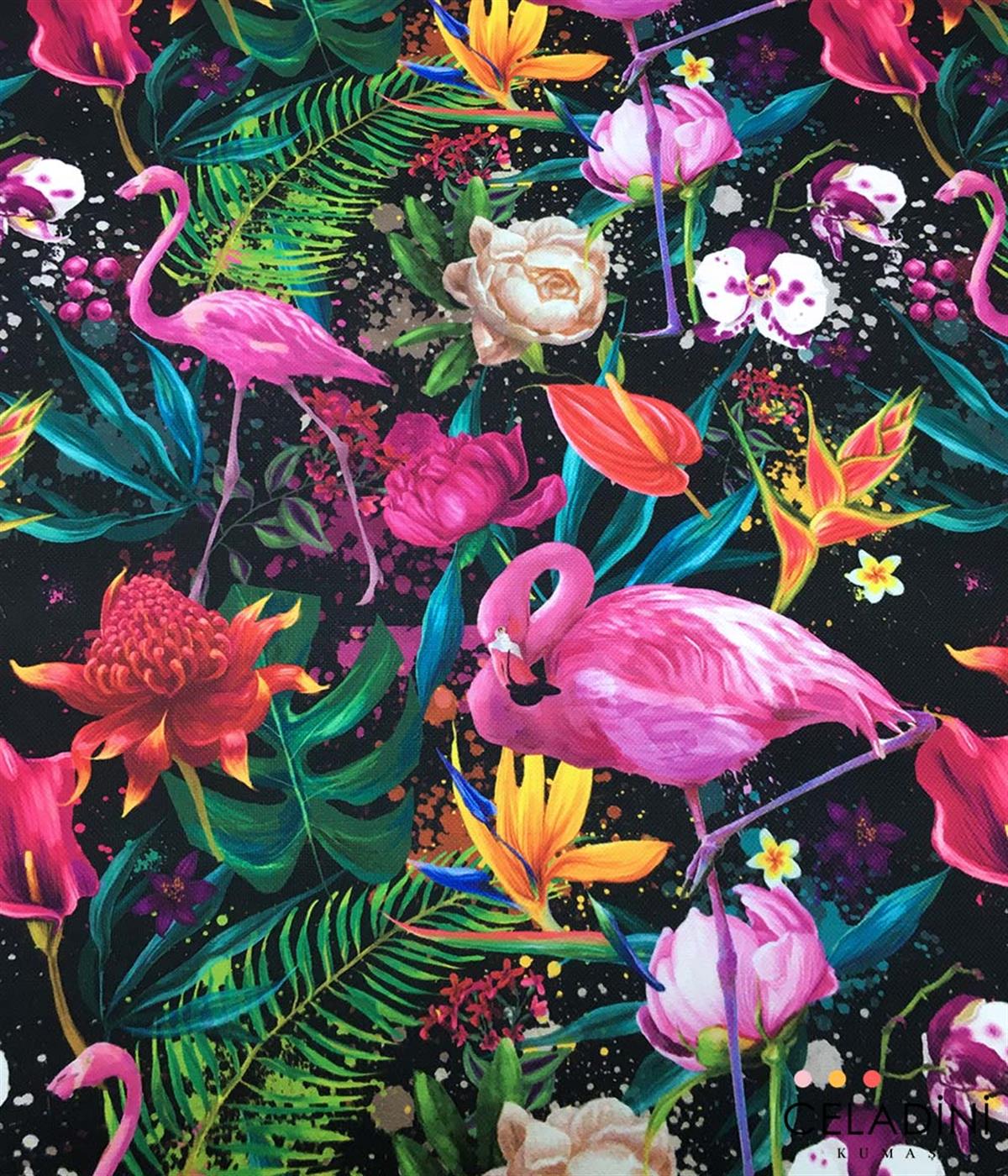 Pembe Flamingo Tropikal Desenli Kumaş