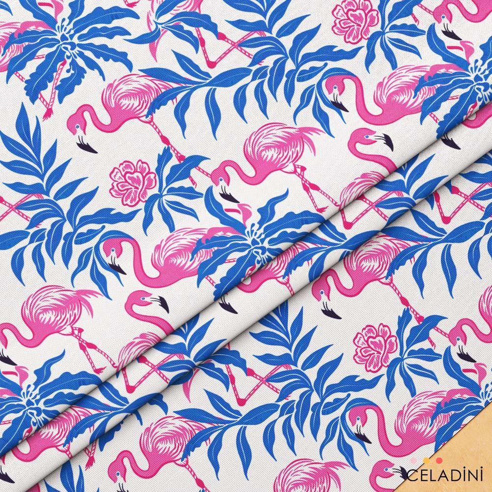 Pembe Mavi Flamingo Yaprak Desenli Kumaş