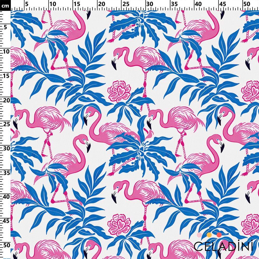 Pembe Mavi Flamingo Yaprak Desenli Kumaş