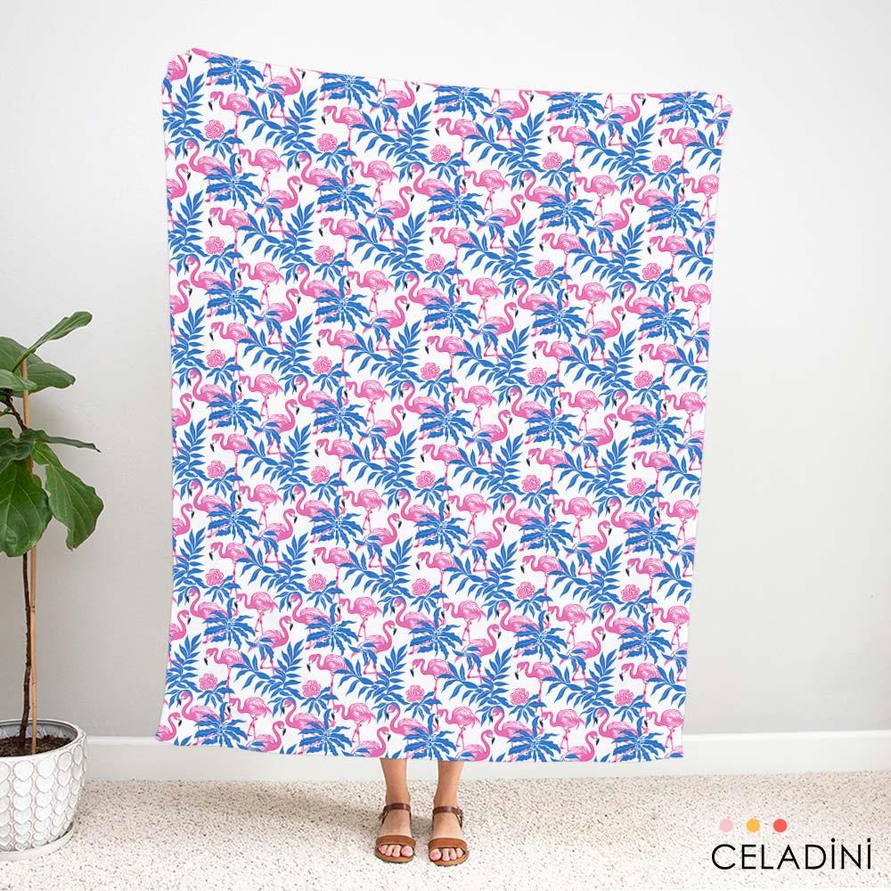 Pembe Mavi Flamingo Yaprak Desenli Kumaş