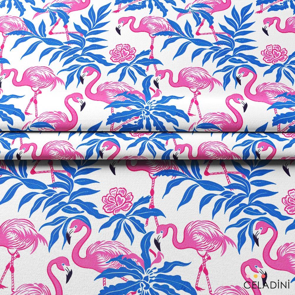 Pembe Mavi Flamingo Yaprak Desenli Kumaş