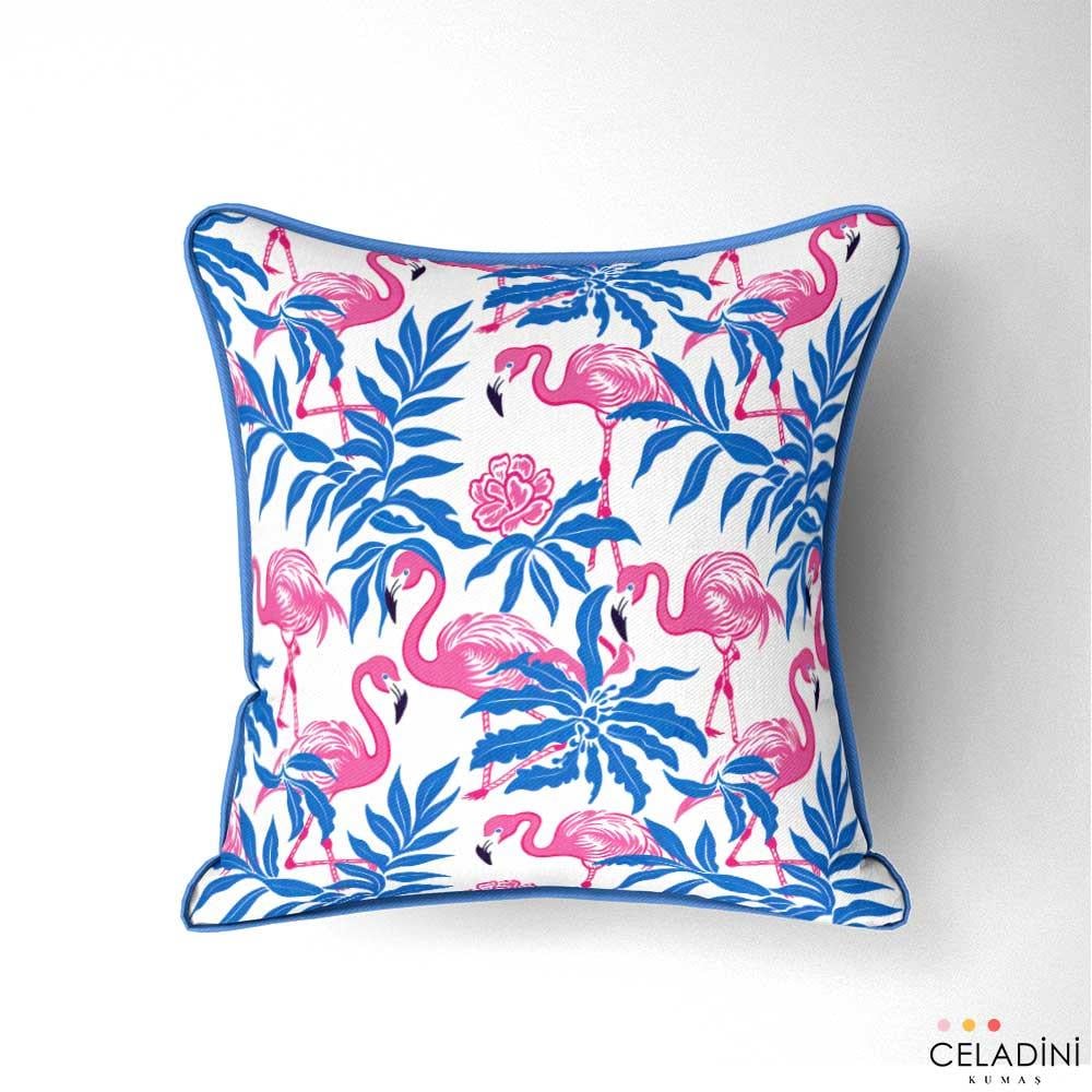 Pembe Mavi Flamingo Yaprak Desenli Kumaş