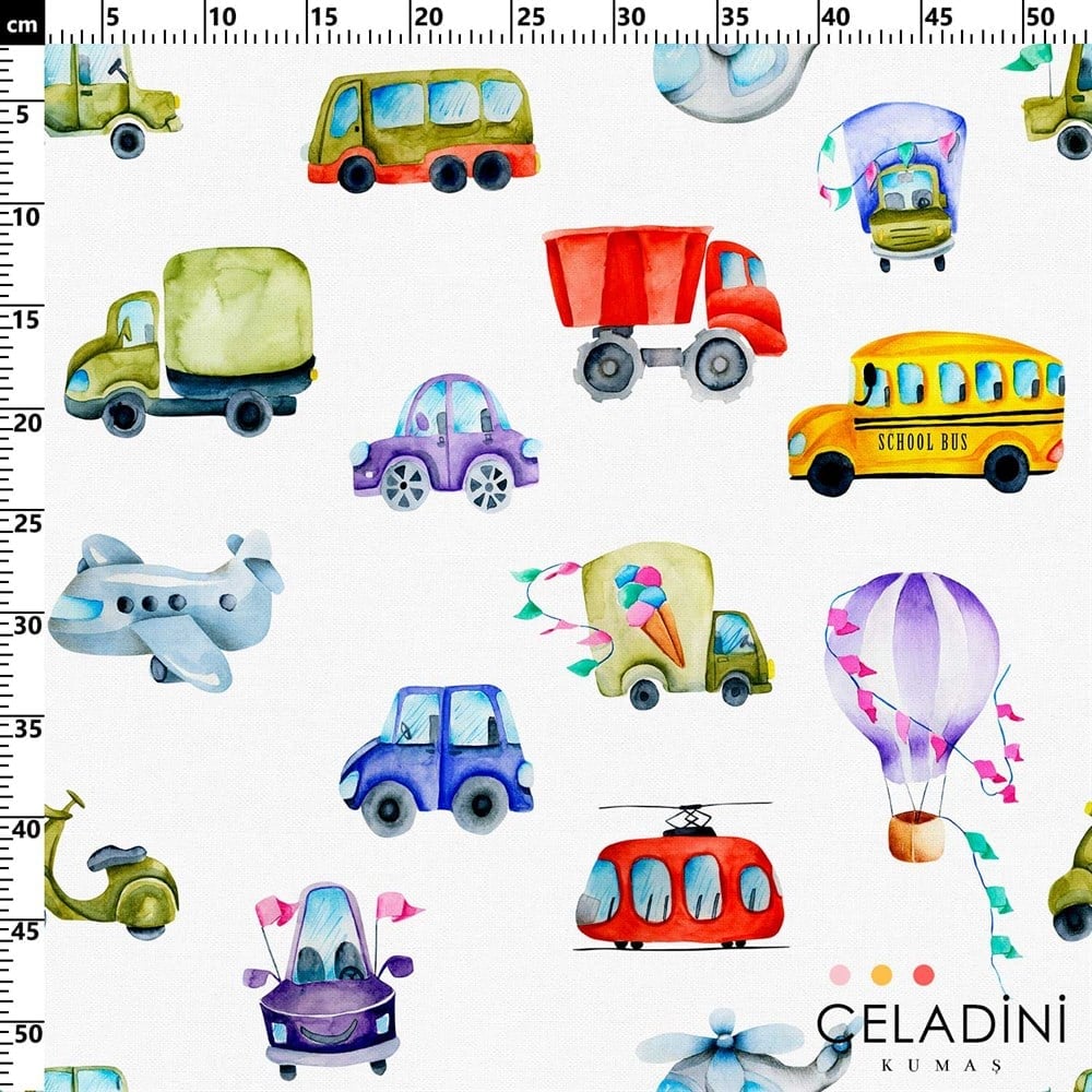 Renkli Araçlar Desenli Çocuk Kumaşı