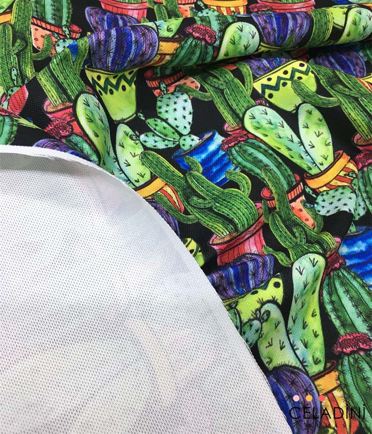 Renkli Saksılar ve Kaktüsler Desenli Kumaş