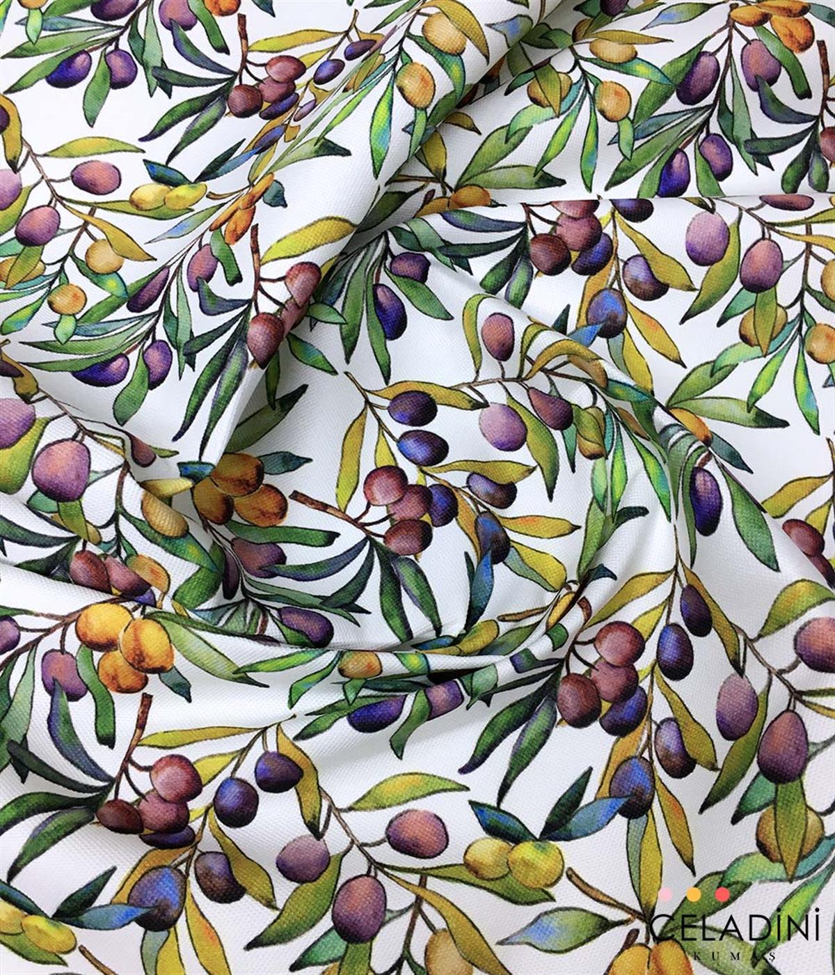 Renkli Zeytin Dalları Desenli Kumaş 