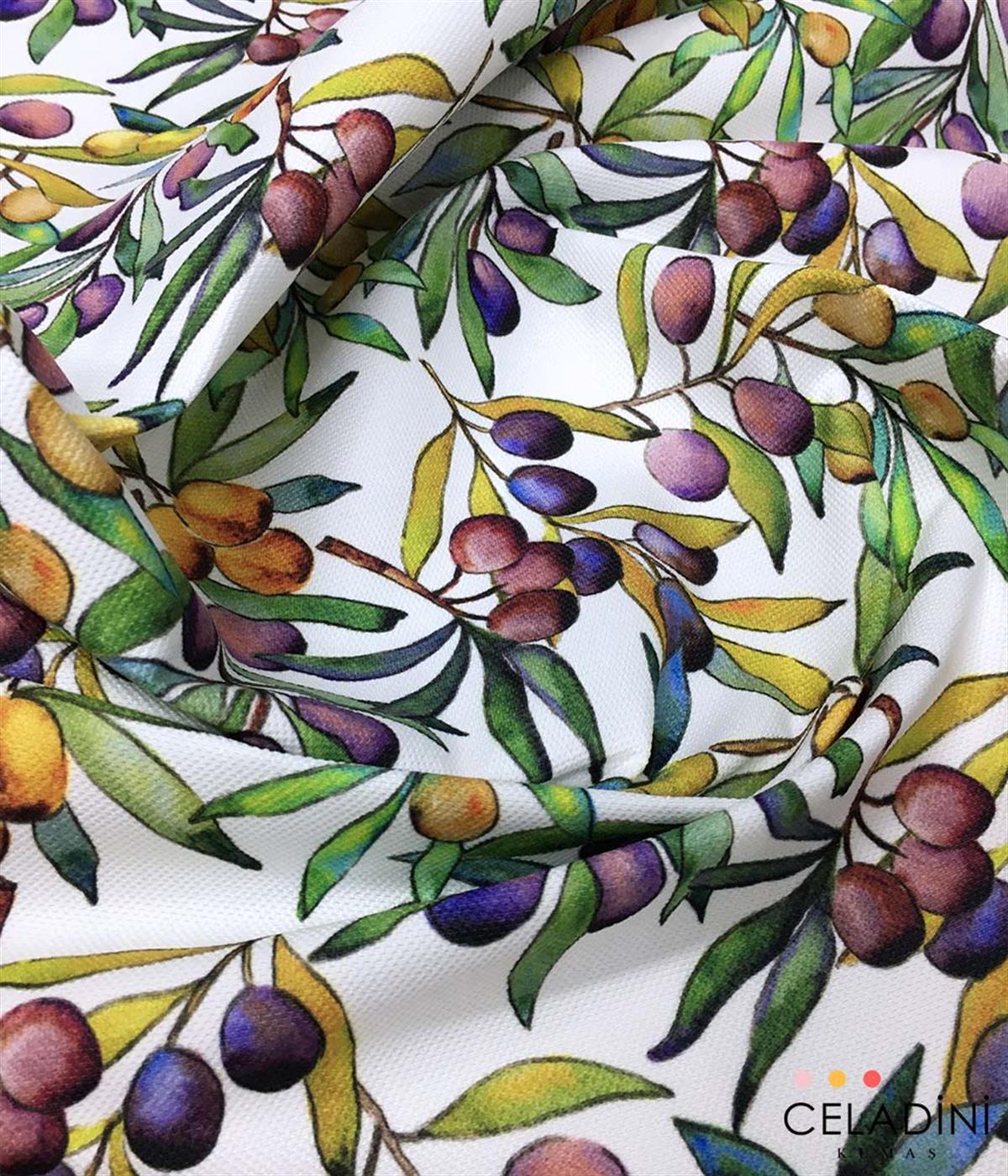 Renkli Zeytin Dalları Desenli Kumaş 