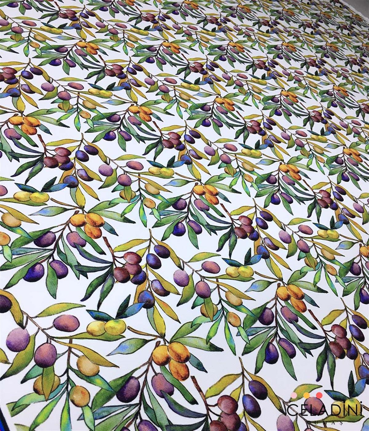 Renkli Zeytin Dalları Desenli Kumaş 