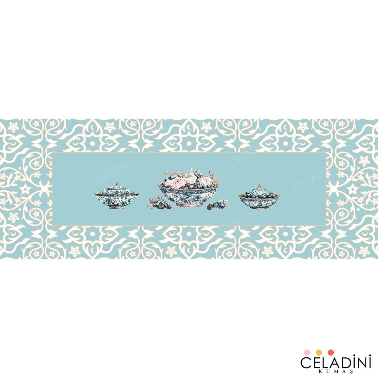 Saray Motifli Ramazan Serisi Runner Kumaşı Mint Yeşili  