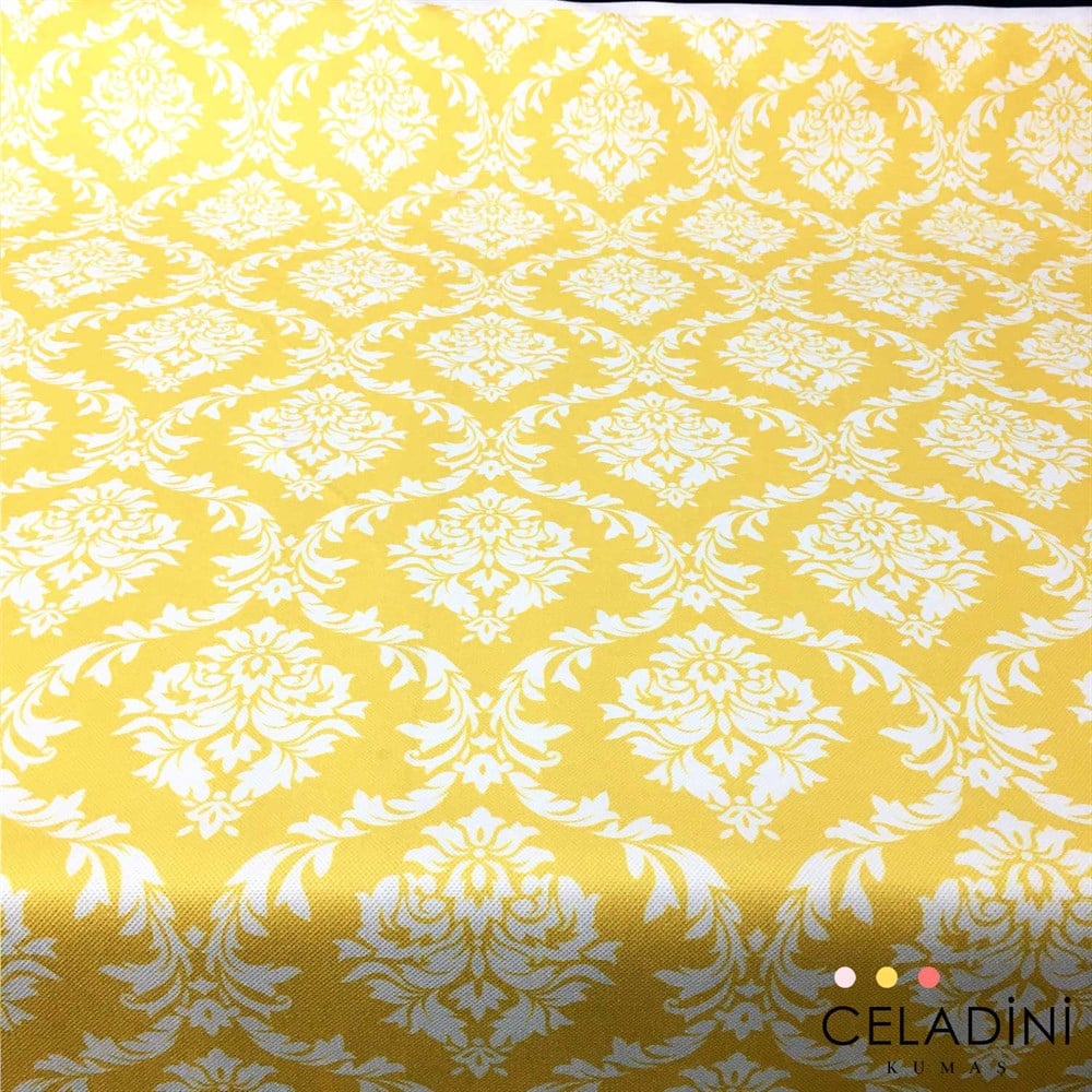 Sarı Beyaz Büyük Damask Desenli Kumaş