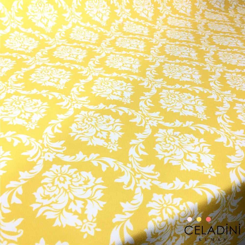 Sarı Beyaz Büyük Damask Desenli Kumaş