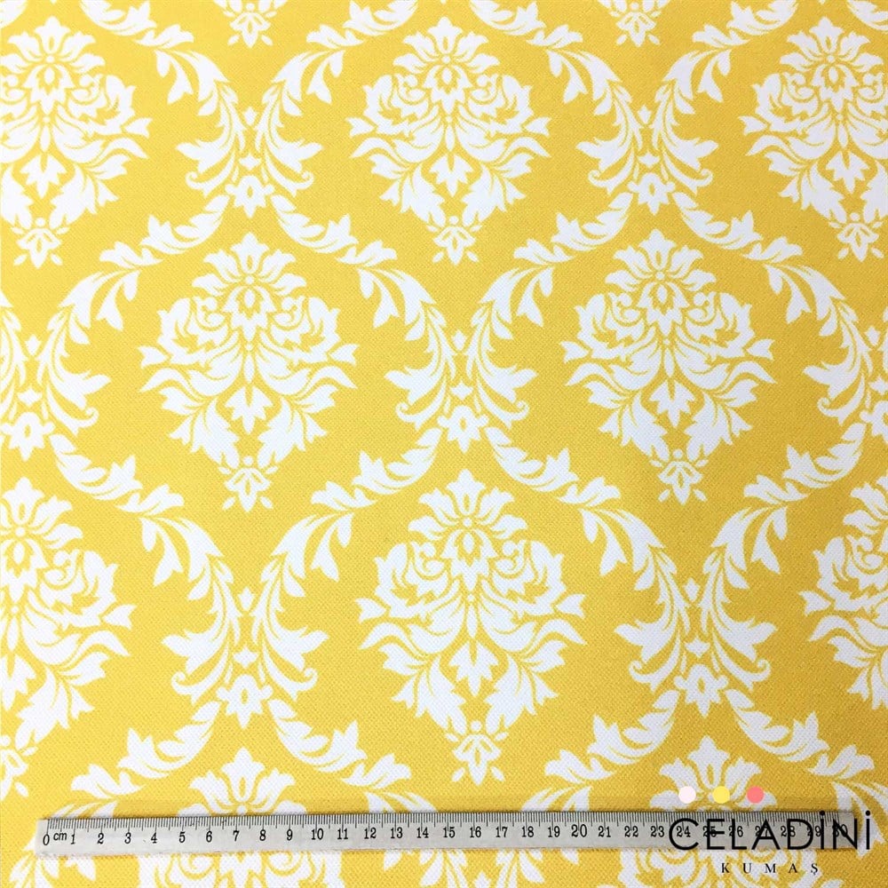 Sarı Beyaz Büyük Damask Desenli Kumaş