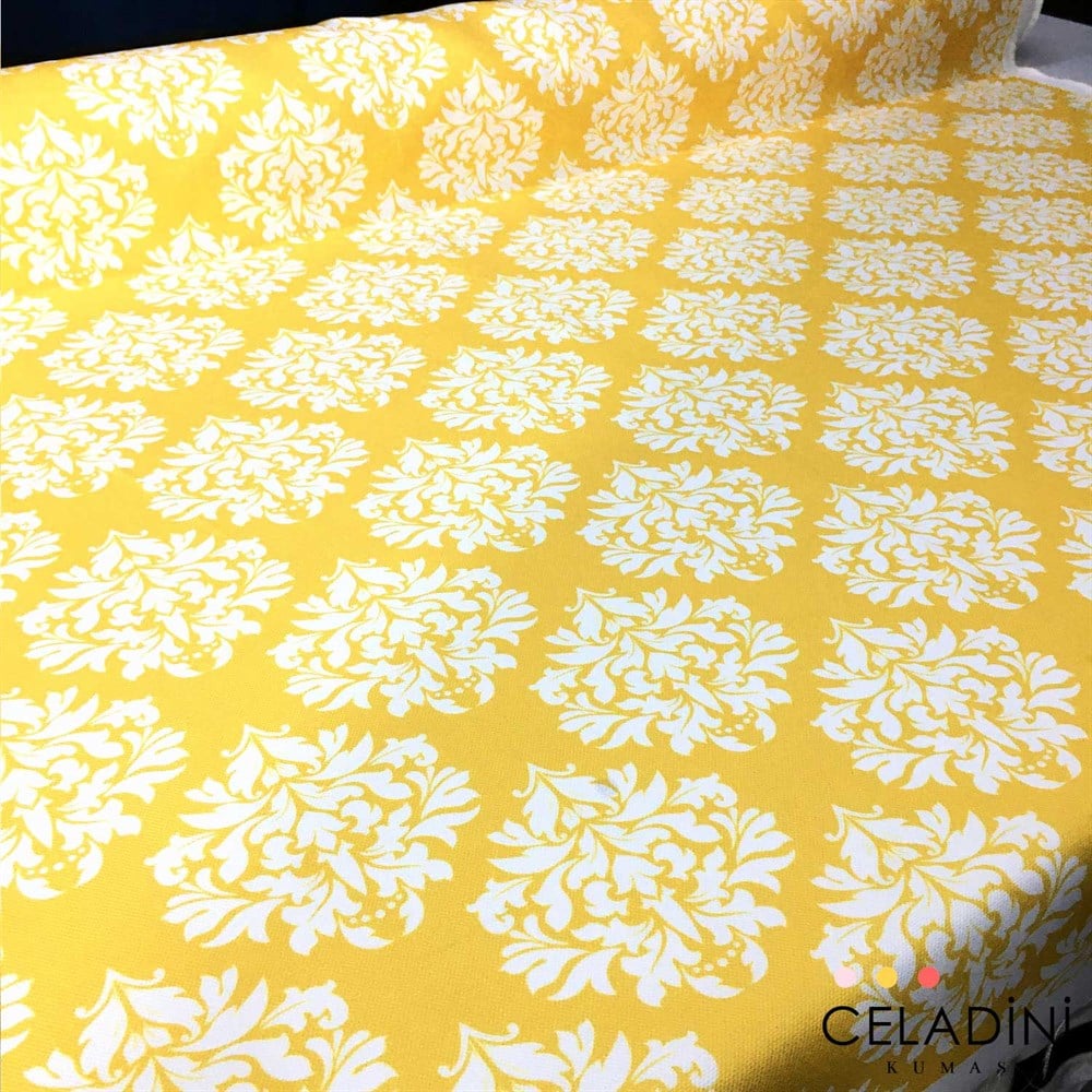 Sarı Beyaz Damask Desenli Kumaş