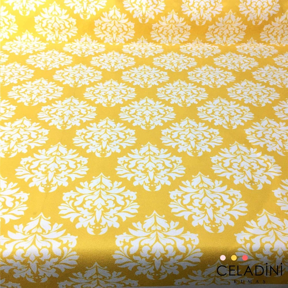 Sarı Beyaz Damask Desenli Kumaş