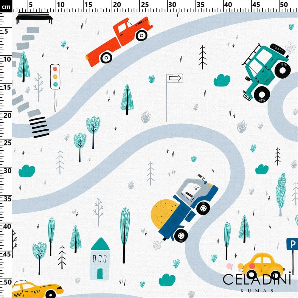 Şehirde Seyahat Desenli Çocuk Kumaşı