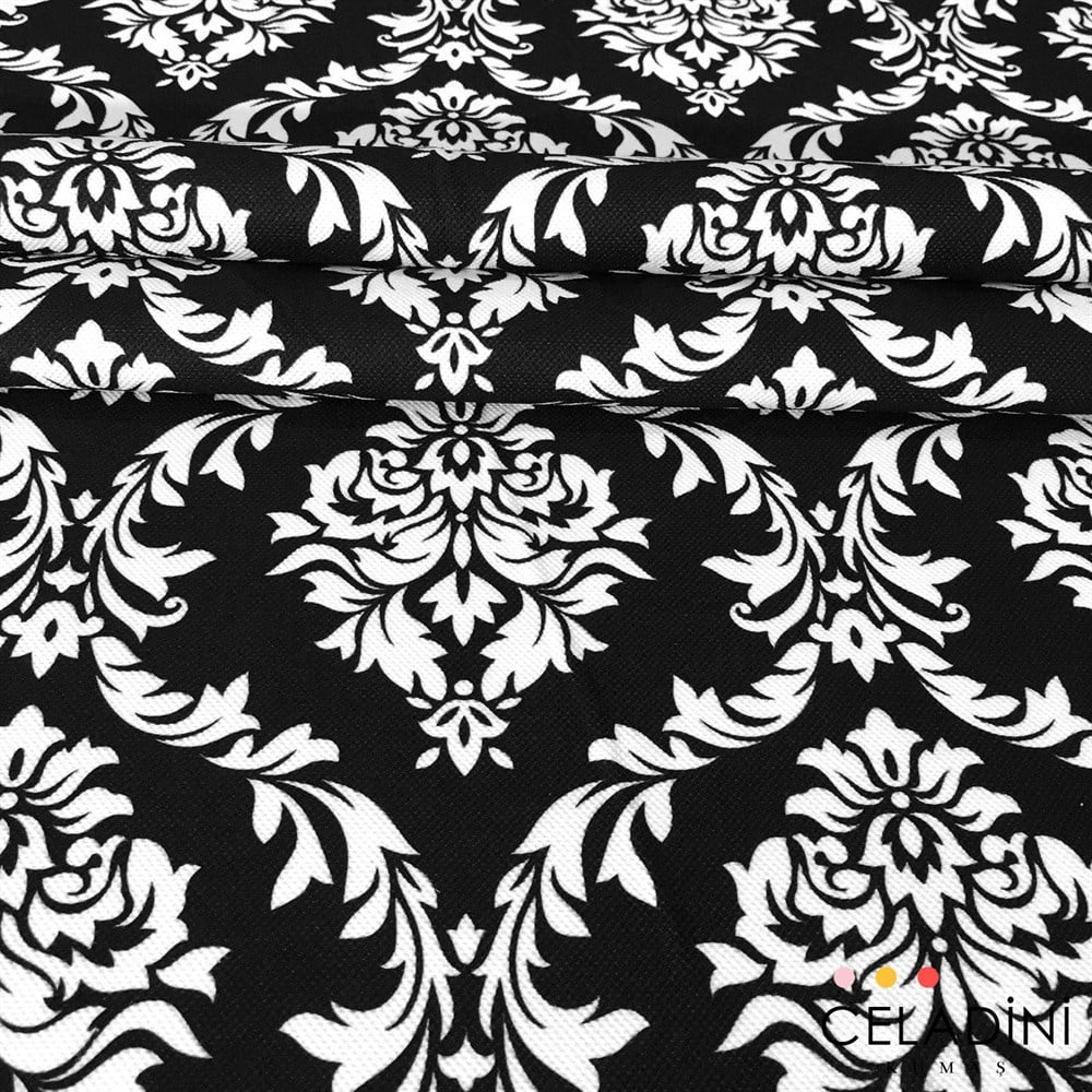Siyah Beyaz Büyük Damask Desenli Kumaş
